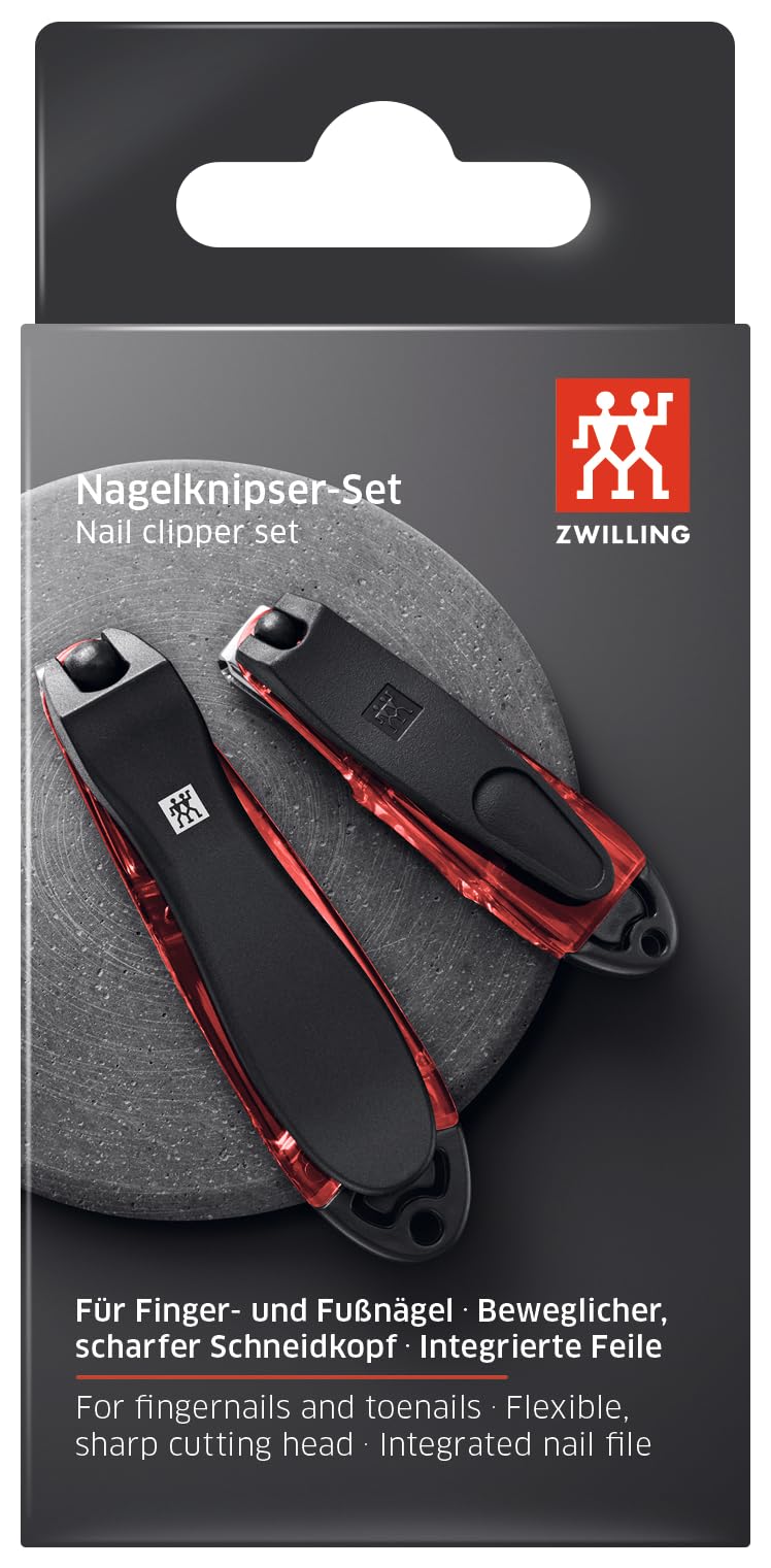 ZWILLING Nail Clippers Gift Set 2 Pieces with Nail Catcher and Integrated Nail File, Extra Sharp and Durable, Red