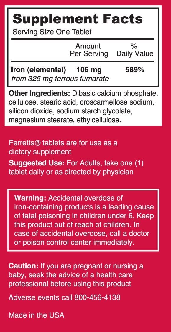 Ferretts Iron Tablets 325mg Ferrous Fumarate 4 Pack (240 Total)