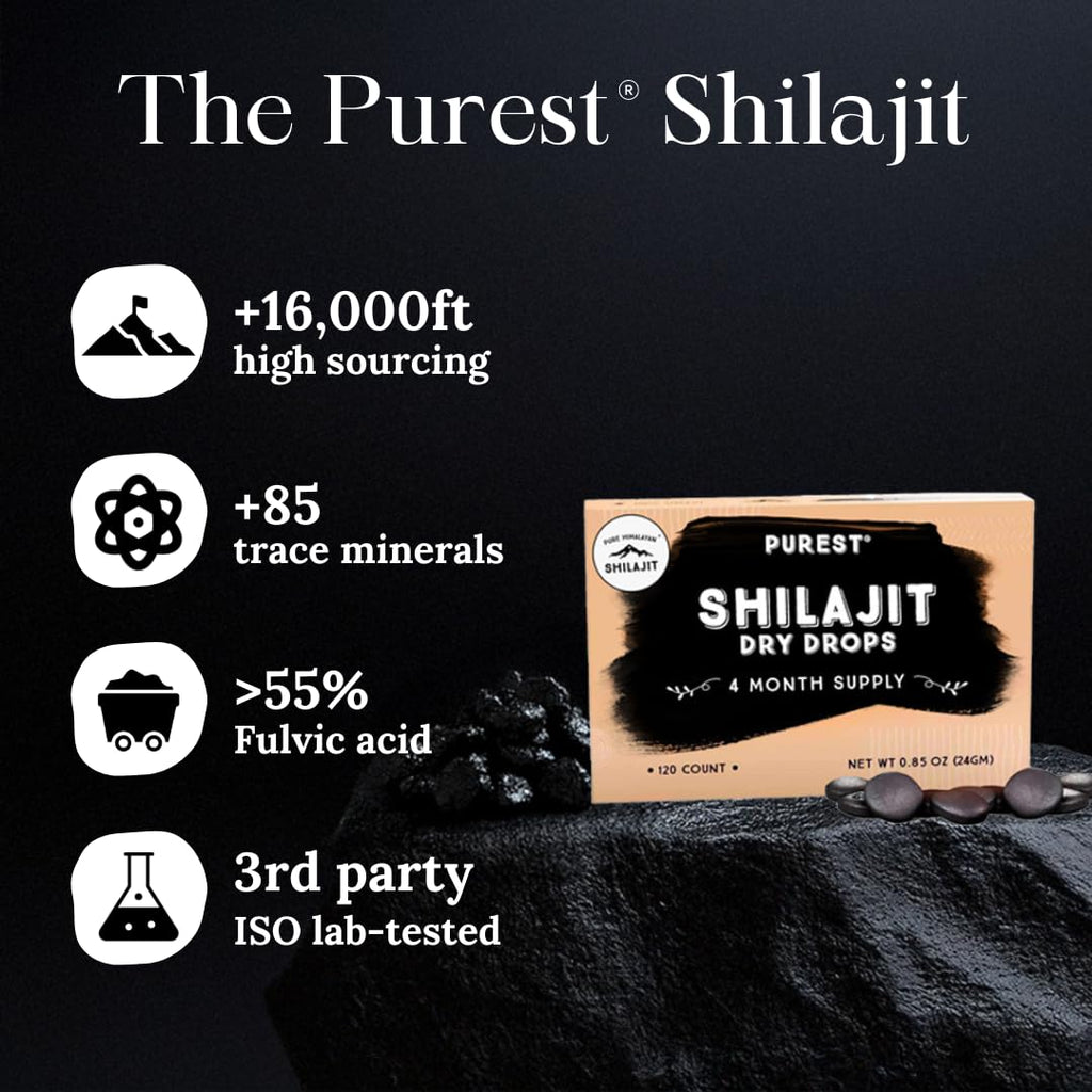 Pure Himalayan Shilajit | 100% Pure Natural Shilajit Grade A Max Potency 85+ Trace Minerals & Fulvic Acid | 3rd Party US Lab Tested | Dry Drops | 24g (120ct)