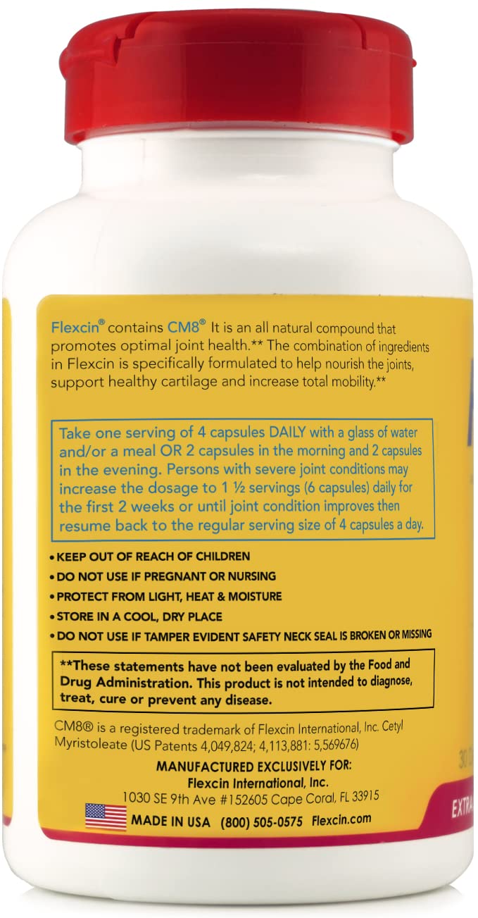 Flexcin Extra Strength Joint Formula with CM8 (Cetyl Myristoleate) - Joint Supplements for Men and Women with Glucosamine, MSM, Collagen Type II - 120 Capsules