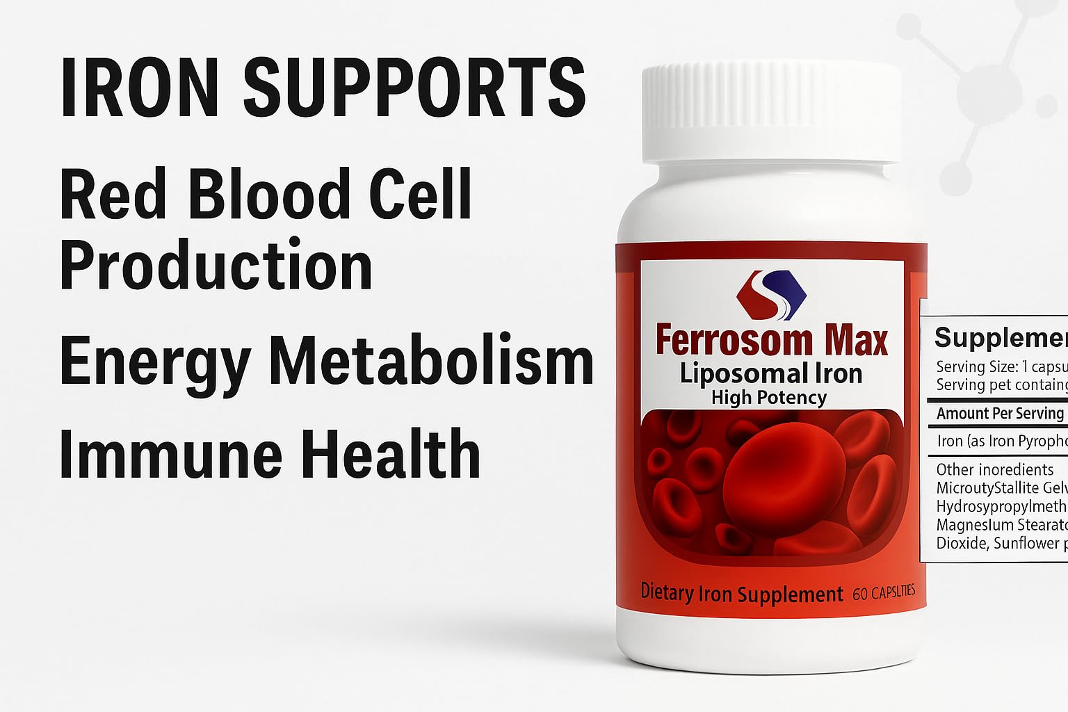 Ferrosom Max Liposomal Iron Supplement 60 Capsules (45mg Pure Elemental Iron) by Siba Pharm | Maximum Absorption Formula | Non GMO, Vegan, Premium Quality | Helps New Blood Cell Production.