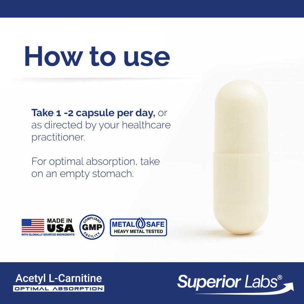 Superior Labs Acetyl L-Carnitine 500 mg, High Potency ALCAR, Pure Non-GMO, Zero Synthetic Additives, Maximum Absorption, Energy & Fat Metabolism, Brain, Nerve & Cellular Detox Support, (200 Veg Caps)