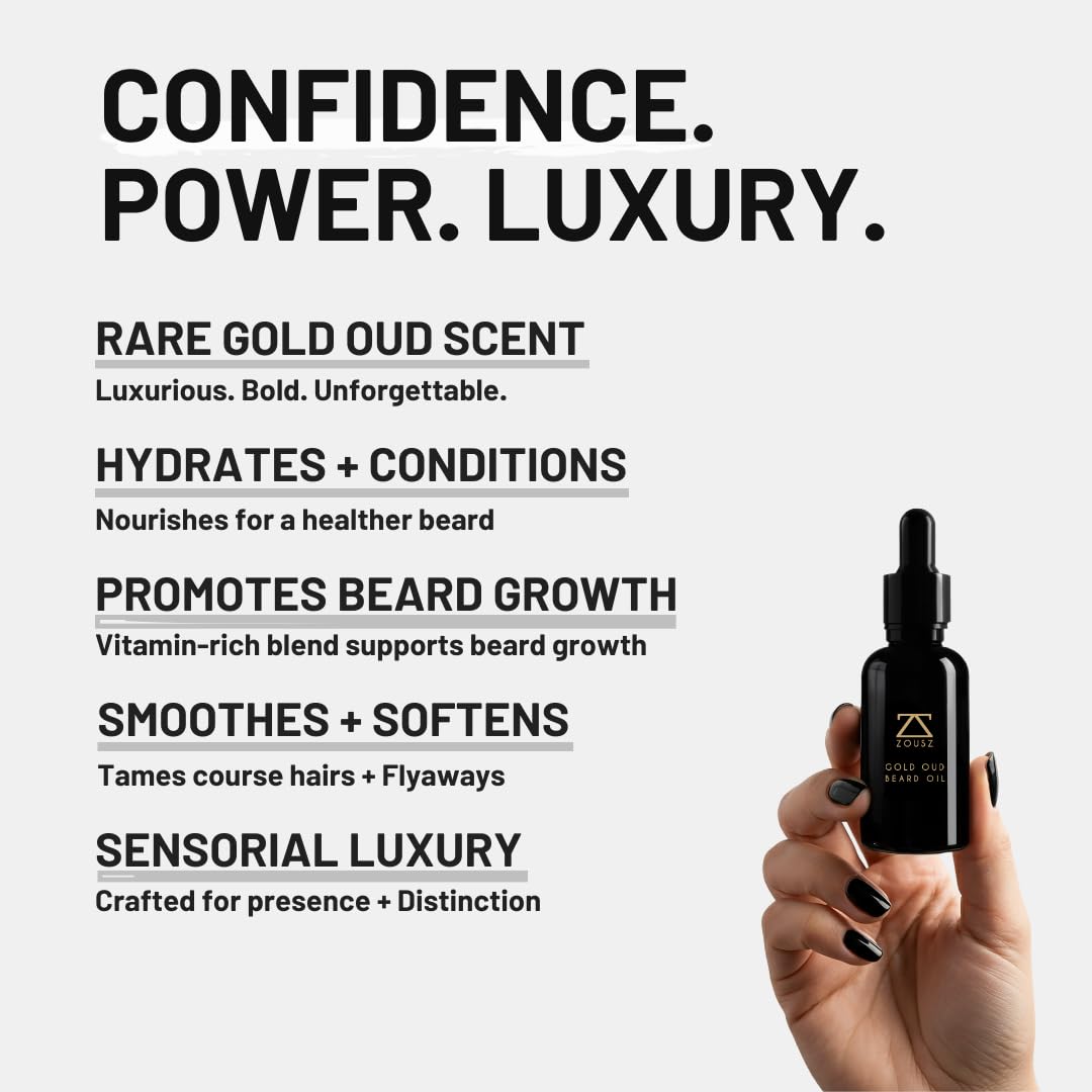 ZOUSZ Luxury Beard Oil For Men - Gold Oud Hypnotic Scent, Beard Growth & Conditioning With Natural & Organic Essential Oils – Softens & Moisturises Men’s Gift – Vegan 30mL
