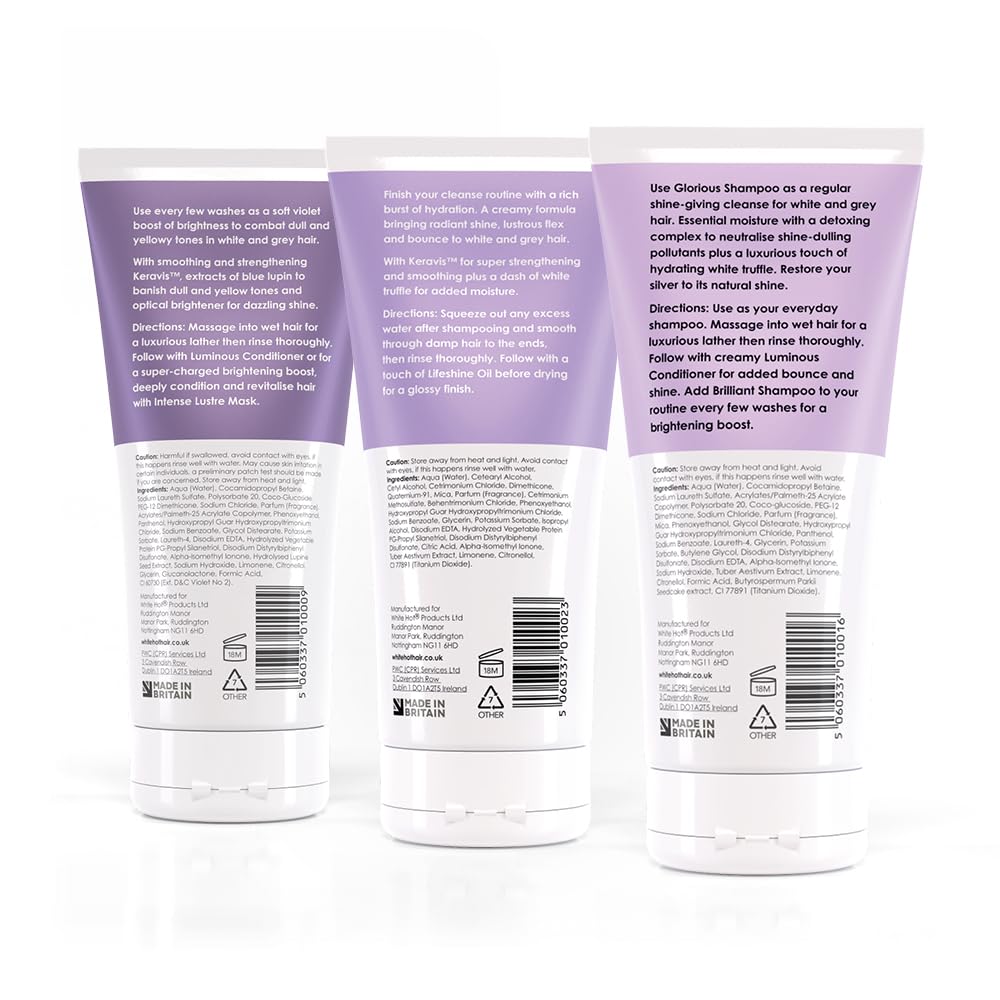 White Hot Cleanse & Condition Trio: brightening hair care regime to cleanse & add gloss to white & grey hair, purple shampoo