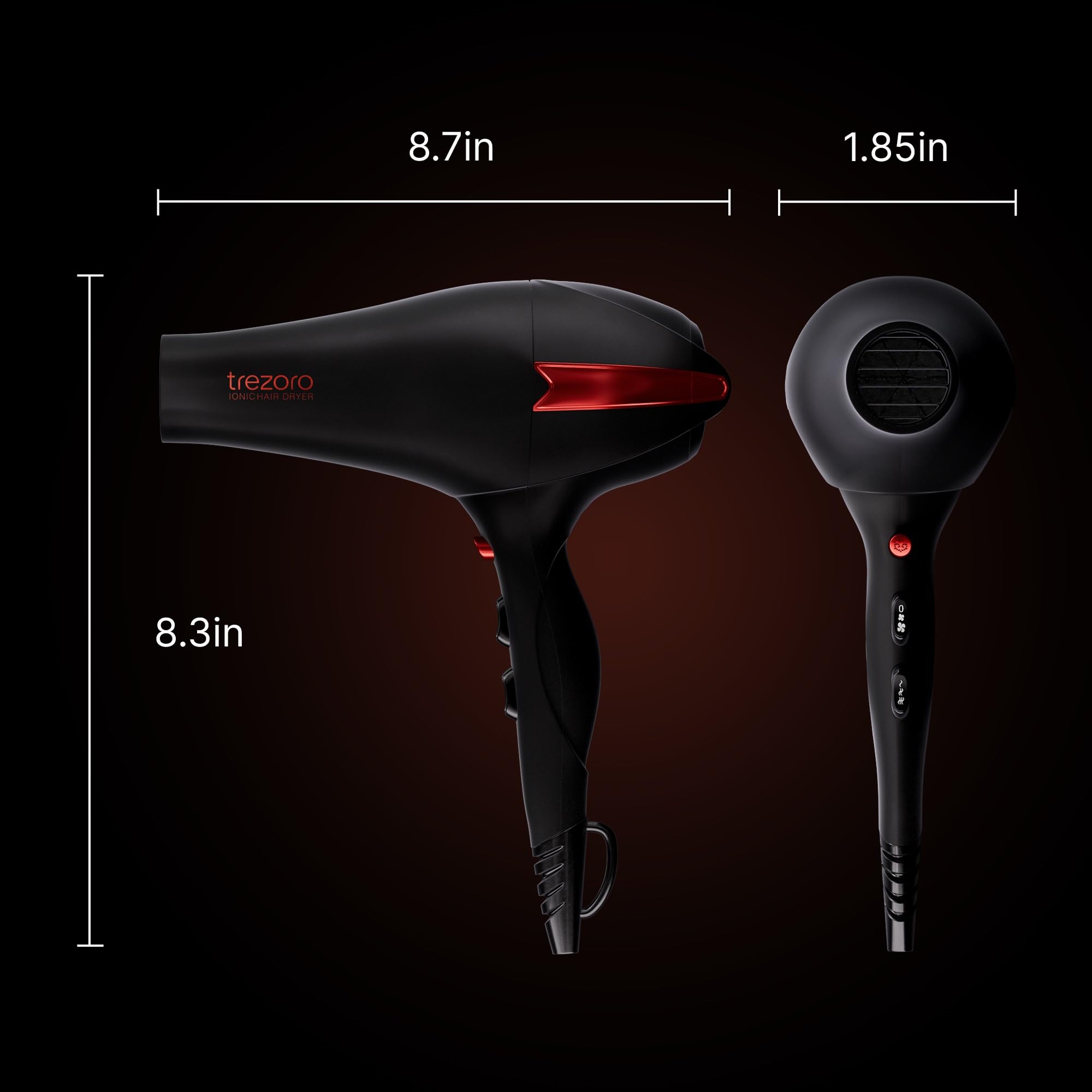 TREZORO Professional Hair Dryer with Diffuser, Ionic Ceramic Tourmaline Technology, 2000W Fast Quiet Drying, With Narrow & Wide Concentrator Nozzles, 3 Heat & 2 Speed Settings, Cool Shot Button, Black