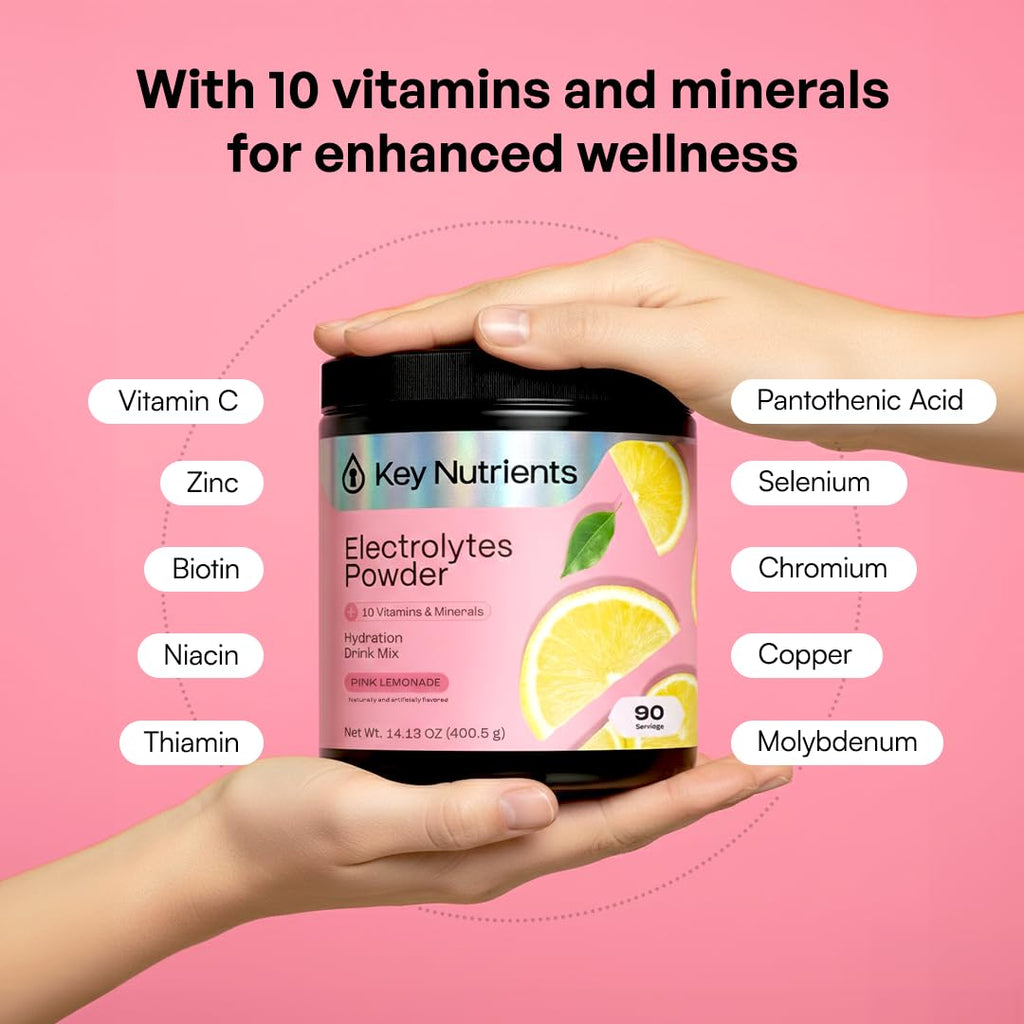 KEY NUTRIENTS Selenium Multivitamin Electrolytes Powder No Sugar - Fresh Pink Lemonade Electrolyte Powder - Endurance & Energy Supplement - Hydration Powder - No Calories - 90 Servings - Made in USA
