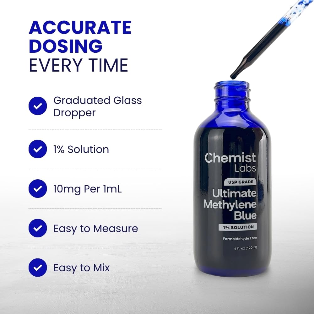 Chemist Labs Methylene Blue – 1% Solution | 99.99% USP-Grade Liquid Drops –Mitochondrial & Cellular Support – 4oz (120ml) – Formaldehyde-Free – Made in USA