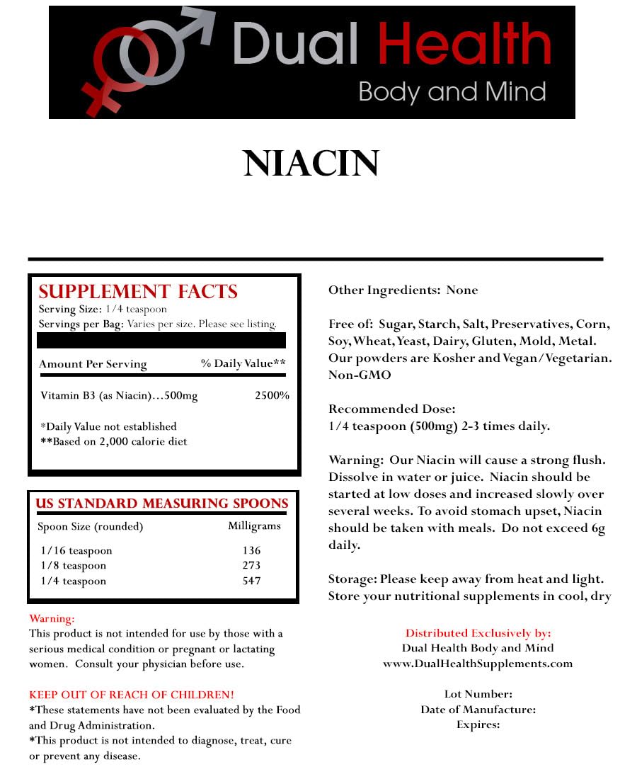 Niacin Powder (2 lbs) Vitamin B3 Bulk Supplement Immediate Release Niacin with Flush Nicotinic Acid Non-GMO, Vegan, Gluten Free Company Fast Absorption No GMOs, Fillers, Additives or Heavy Metals