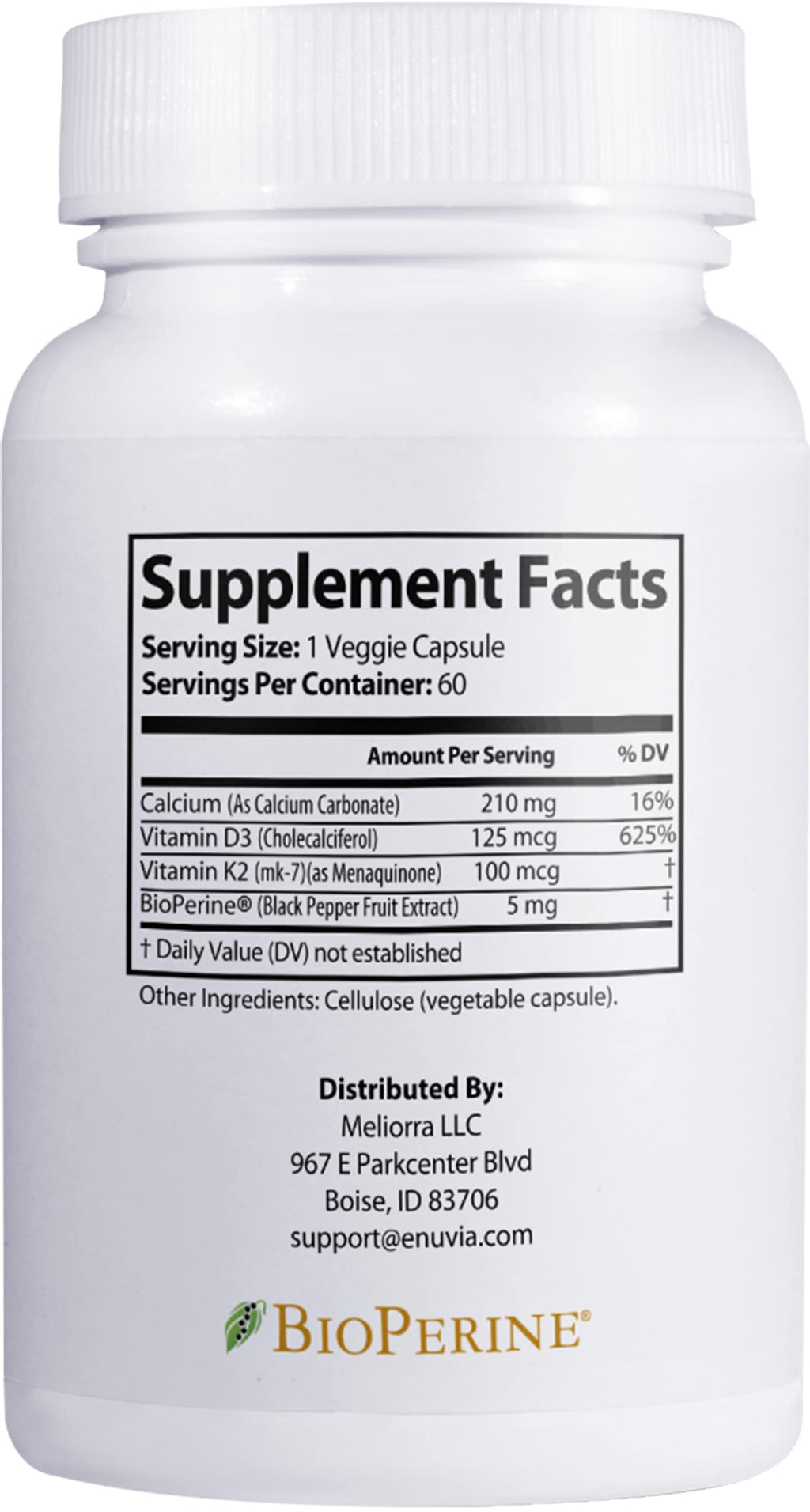 Enuvia D3+K2 - Vitamin D3 K2 Supplement for Women and Men - 60 Veggie Capsules - with Bioperine Black Pepper Extract - Supports Maximum Calcium Absorption and Heart and Bone Health - Made in The USA