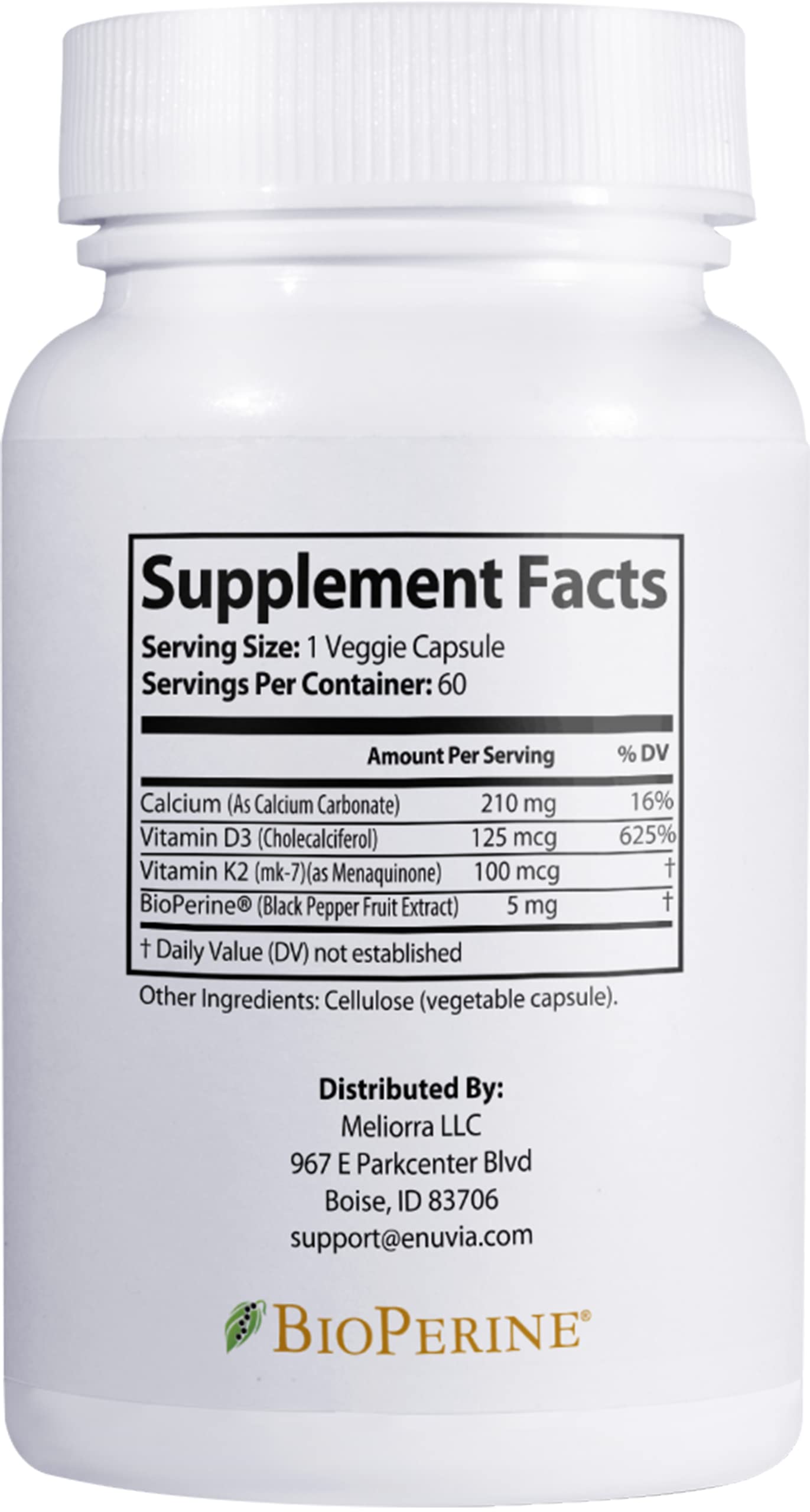 Enuvia D3+K2 - Vitamin D3 K2 Supplement for Women and Men - 60 Veggie Capsules - with Bioperine Black Pepper Extract - Supports Maximum Calcium Absorption and Heart and Bone Health - Made in The USA