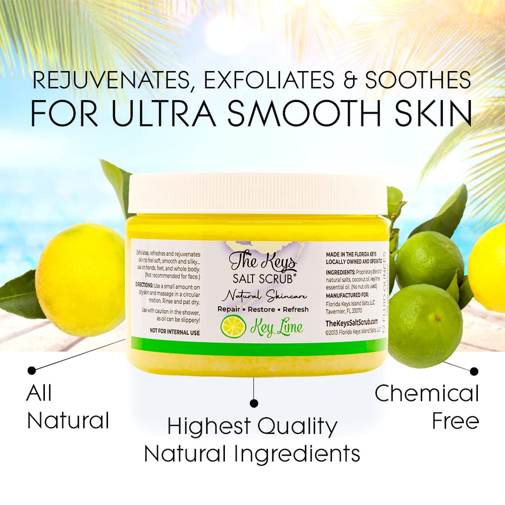 The Keys Salt Scrub -Sea Salt Scrub - Exfoliating Body Scrub with Wooden Spoon - Moisturizing Exfoliator for Hands, Foot, Bath, (12 Ounce (Pack of 3), Key Lime)