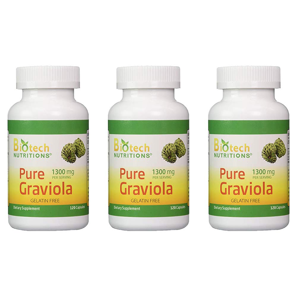 Biotech Nutritions - Graviola 100% Pure Graviola 1300mg Per Servings - 120 Capsules Per Bottle (Annona muricata) | 3-Pack