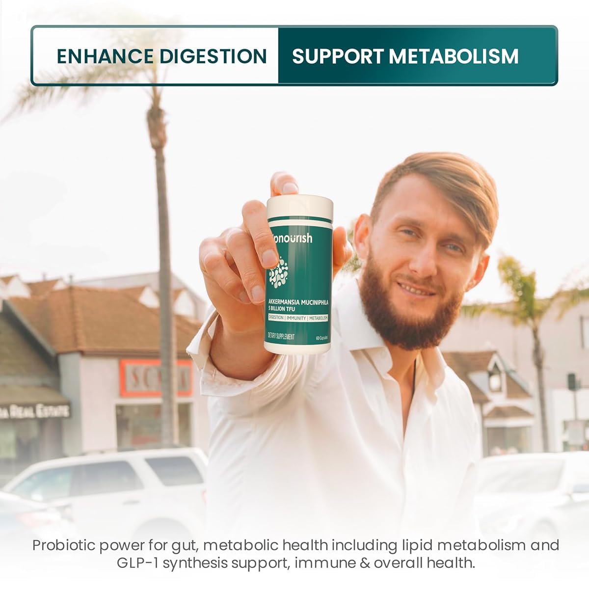UpNourish Probiotics for GLP-1 Support, 5 Billion TFU Akkermansia Muciniphila for Digestive Health, Leaky Gut, Immunity and Metabolic Health, Prebiotics and Probiotics for Women and Men, 60 Capsules