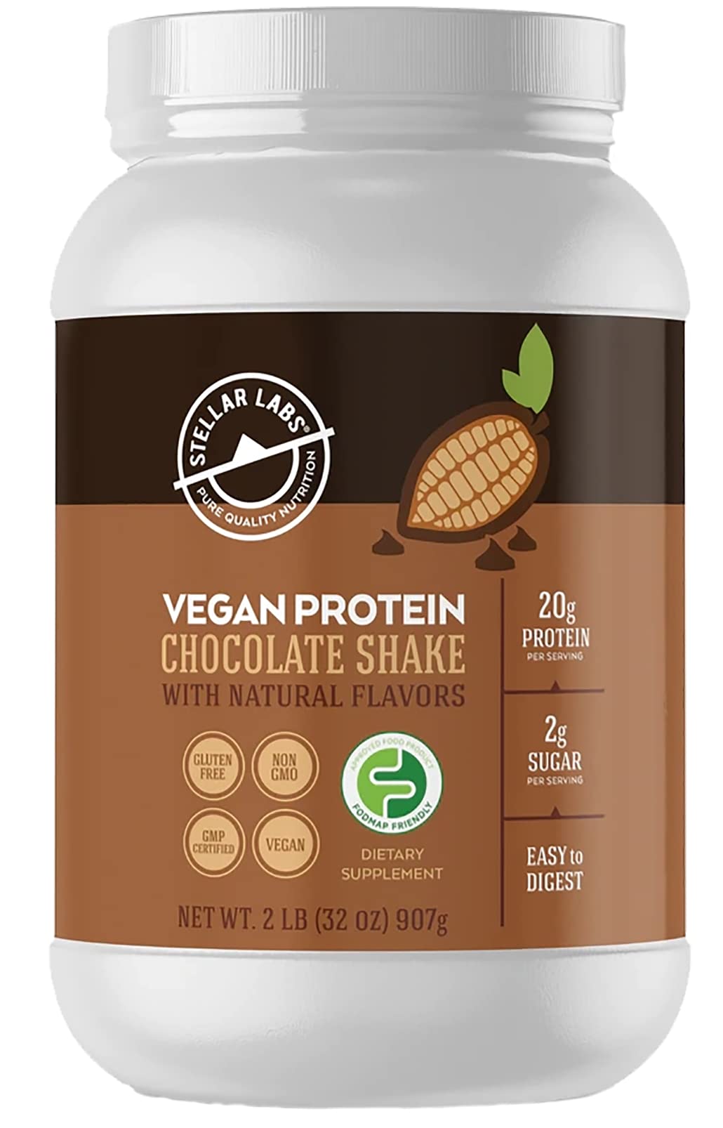Stellar Labs Vegan Protein Powder with BCAA's & Antioxidants | Certified Low FODMAP, Non GMO, Gluten Free, Soy Free, Low Carb, with Stevia | Lean Plant Based Protein Powder Shakes | Chocolate