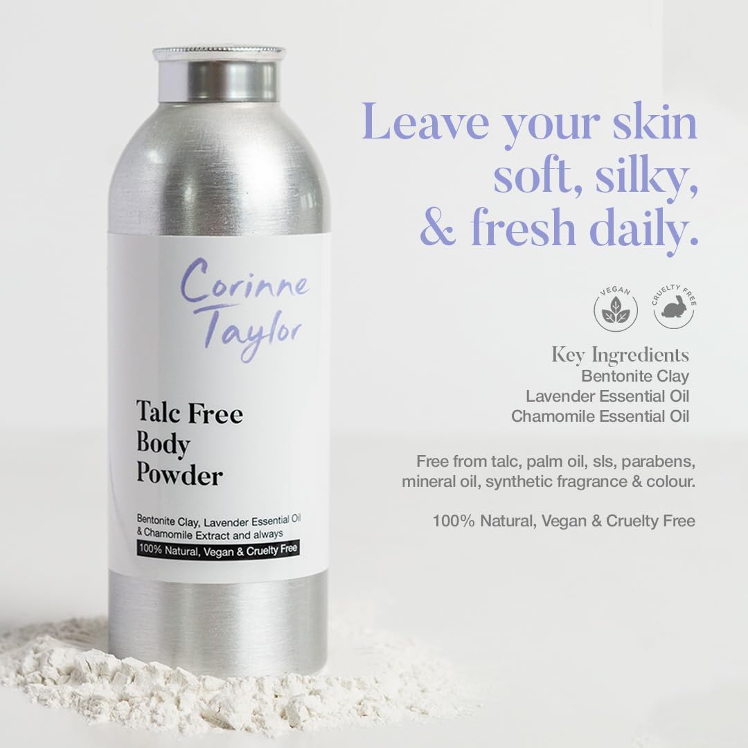 Corinne Taylor Organic Talc-Free Body Powder with Lavender & Chamomile – Natural Dusting Powder for Anti-Sweat, Anti-Chafing & Sensitive Skin – Gentle Absorbent Powder 85g