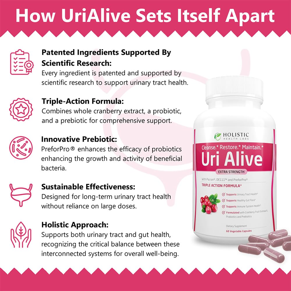 Uri Alive Extra Strength Urinary Support Supplement for Urinary Tract, Bladder, Gut Flora, and Immune System Health (60 Count (Pack of 1))
