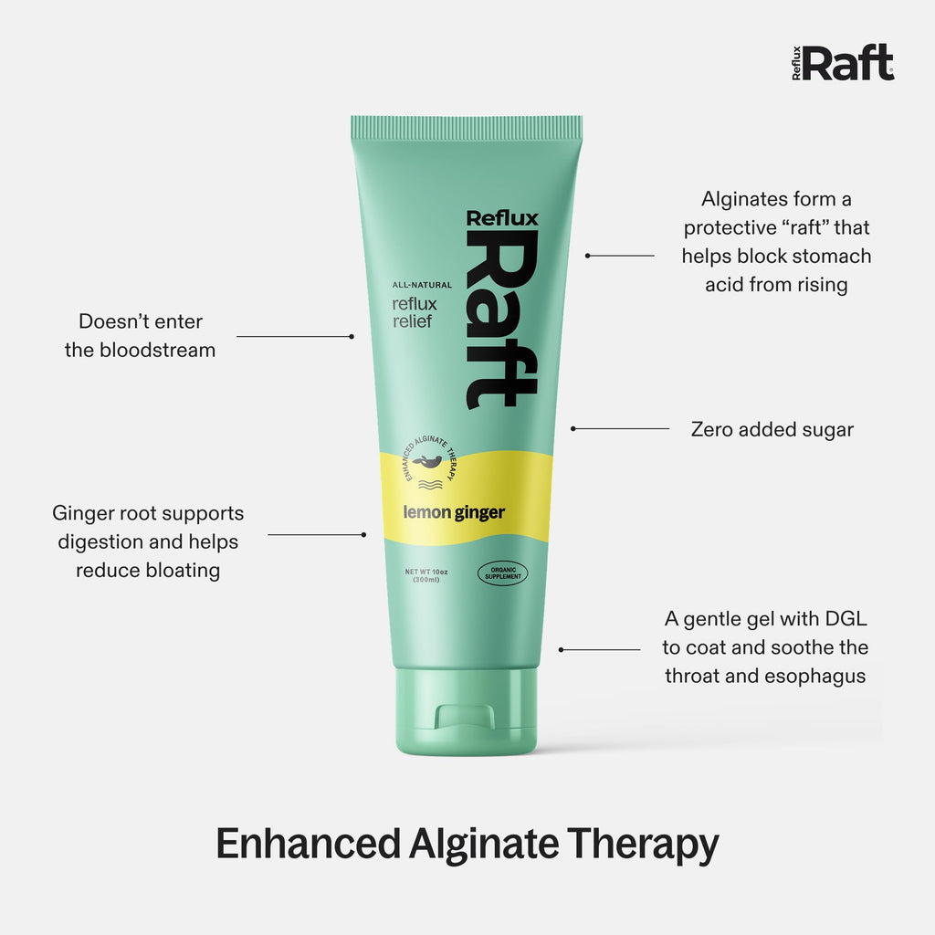 RefluxRaft Acid Reflux Therapy with Organic Alginate, Rapid & Long Lasting Gerd, LPR & Digestion Symptom Support, Zero Sugar, Gluten Free, Low Sodium, Lemon Ginger, 60 Gel Servings, 10 OZ Bottle