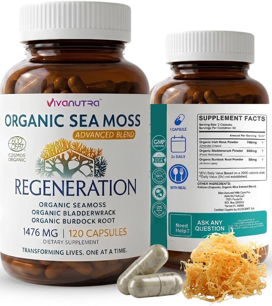 VIVANUTRA Organic Wildcrafted Sea Moss Capsules, 1476mg, Nova Scotia, 120ct