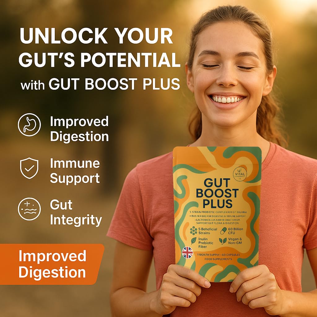 Gut Boost Plus – 5-Strain Probiotic & Inulin Prebiotic | 60 Billion CFU | Digestive Balance, Gut Flora & Immune Support | Slow-Release Vegan Capsules | UK Manufactured Supplement, 60 Capsules