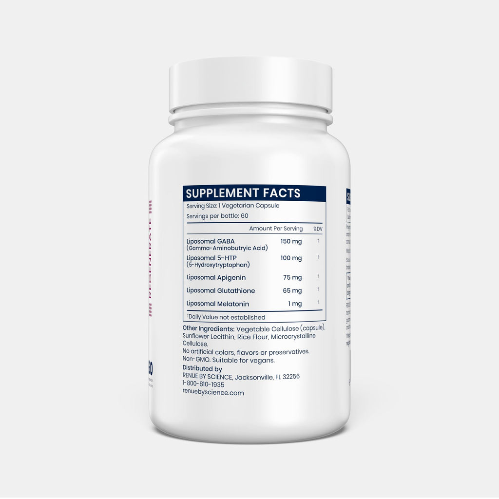 Renue By Science Restore PM | Liposomal Melatonin GABA Supplements | 60 Capsules with Melatonin (1mg) 5HTP (100mg) Glutathione (65mg) Apigenin (75mg) GABA (150mg) - Non-GMO | Made in the USA