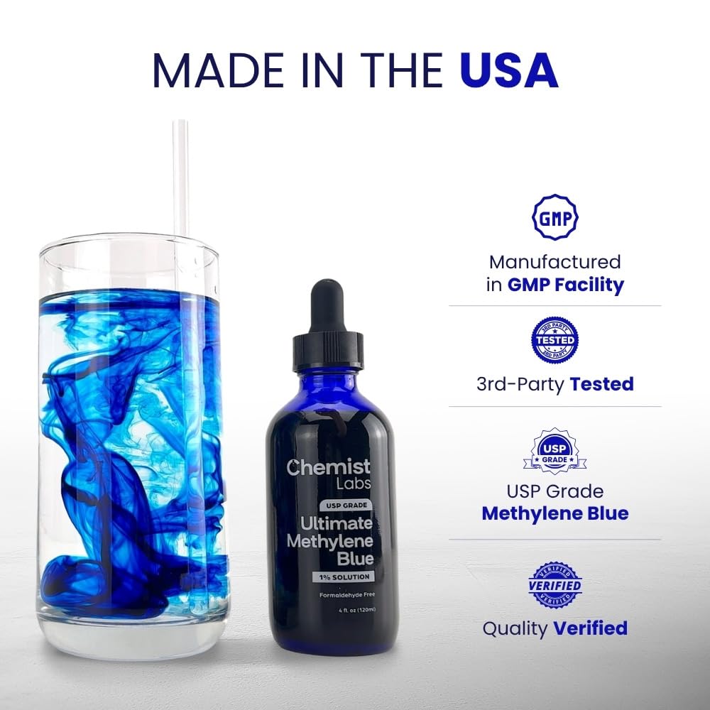 Chemist Labs Methylene Blue – 1% Solution | 99.99% USP-Grade Liquid Drops –Mitochondrial & Cellular Support – 4oz (120ml) – Formaldehyde-Free – Made in USA