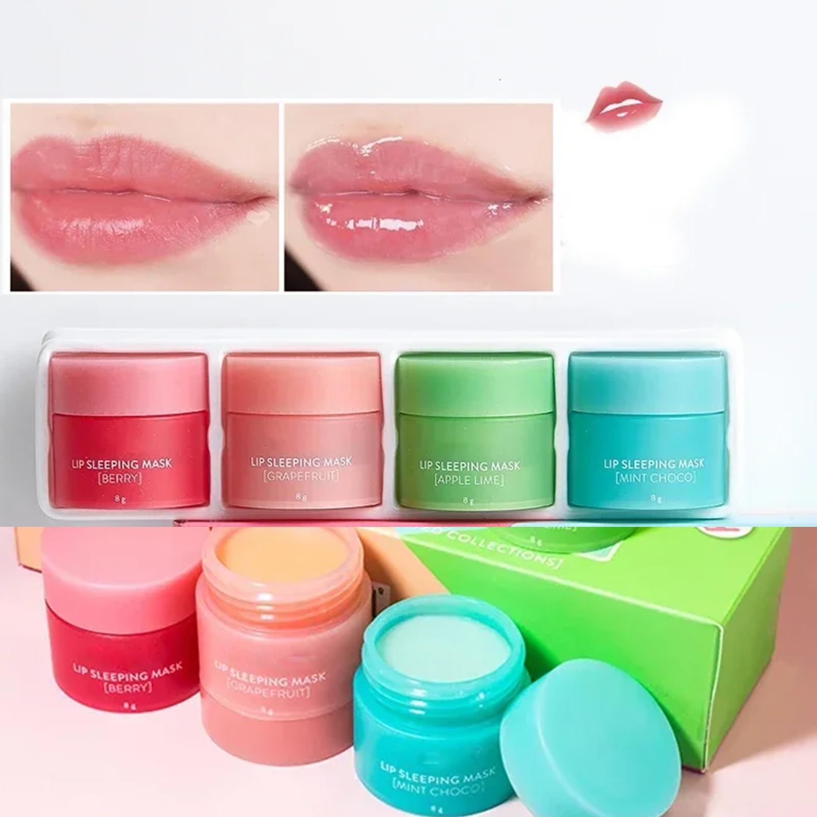 4-Pack Lip Sleeping Mask & Lip Balm Set - Fruit Moisturizing, Hydrating Lip Balm for Dry & Chapped Lips, Repairs & Protects - Women & Teenage Girls Gift, 8g x 4