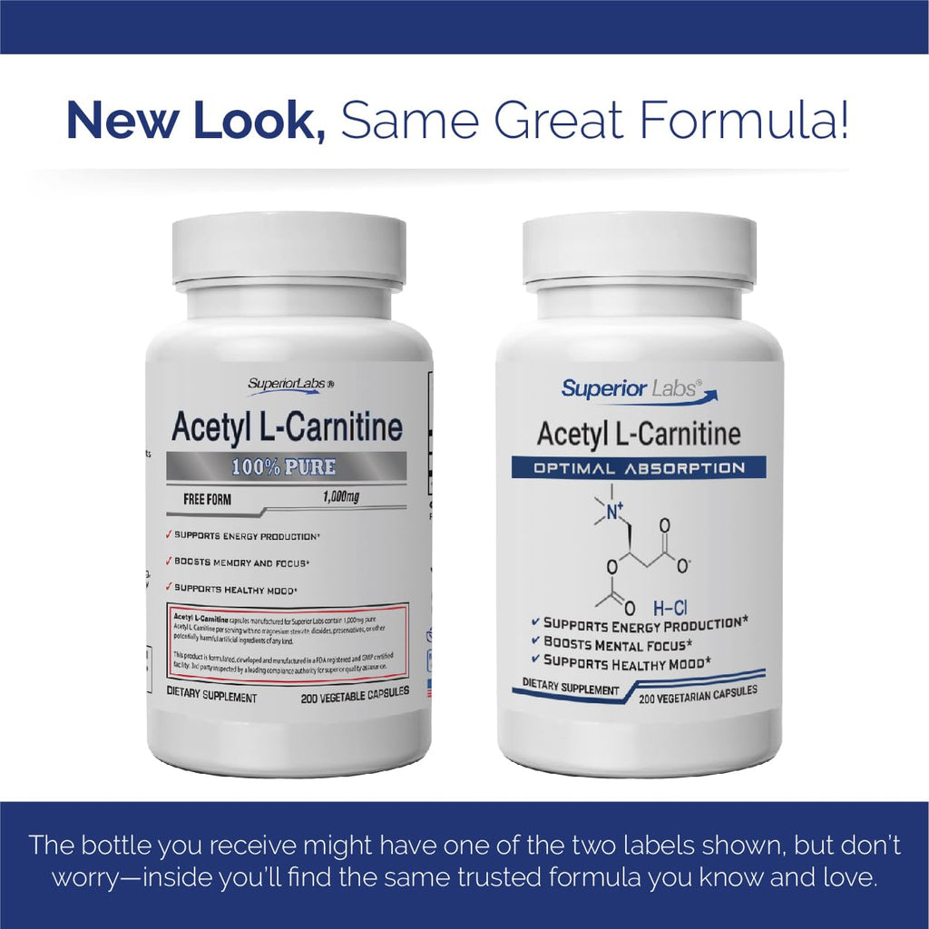 Superior Labs Acetyl L-Carnitine 500 mg, High Potency ALCAR, Pure Non-GMO, Zero Synthetic Additives, Maximum Absorption, Energy & Fat Metabolism, Brain, Nerve & Cellular Detox Support, (200 Veg Caps)