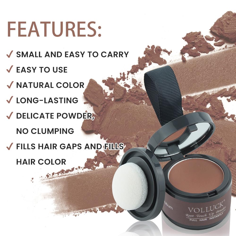 VOLLUCK Root Touch up Powder, Instant Hairline Powder for Thinning Areas and Gray Hair Coverage, Natural and Non-greasy Root Cover up for Women and Men (Auburn, 0.14 Ounce)