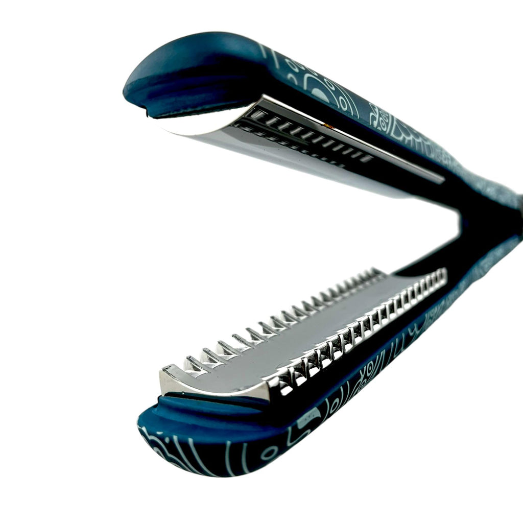 CAJ Beauty Flip & Bend Style Iron in Sapphire Paisley, Thermatru Technology, 1" Titanium Floating Teeth Comb, Automatic Shut-Off, Color-Coded LED Lights for Easy Temperature Indication