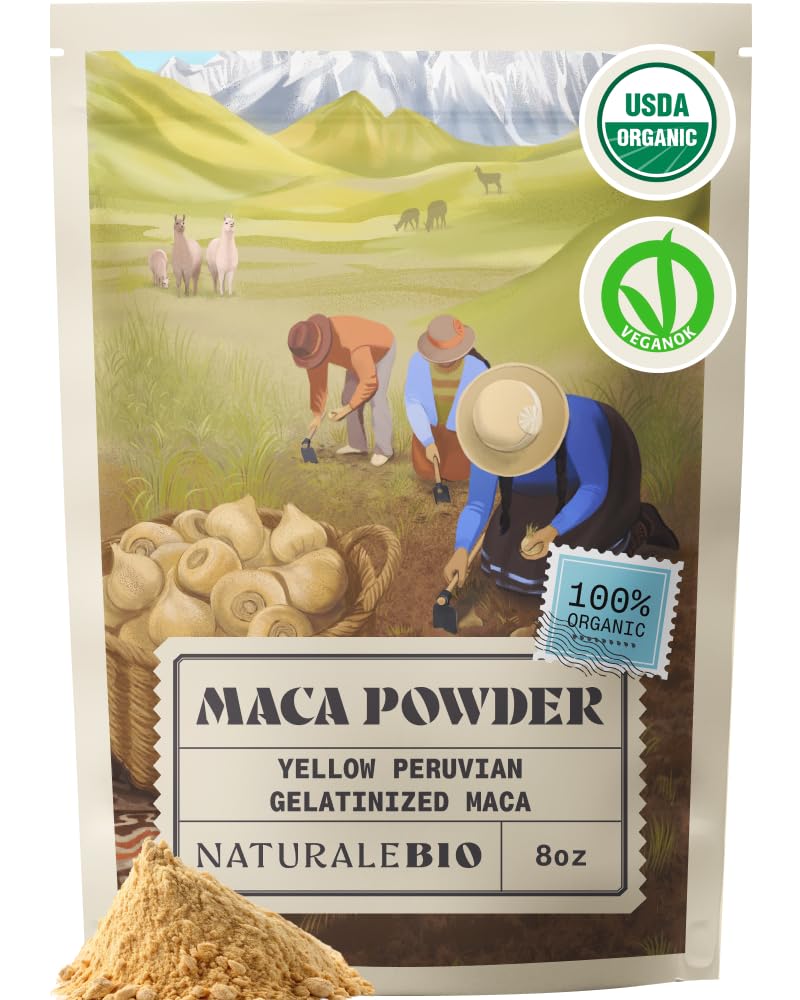NaturaleBio Maca Powder Organic 8 oz. Peruvian, Natural and Pure, from Organic Maca Root. Vegetarian and Vegan Friendly - Gelatinized. Gelatinized for Enhanced Bioavailability. Ideal for Smoothie.