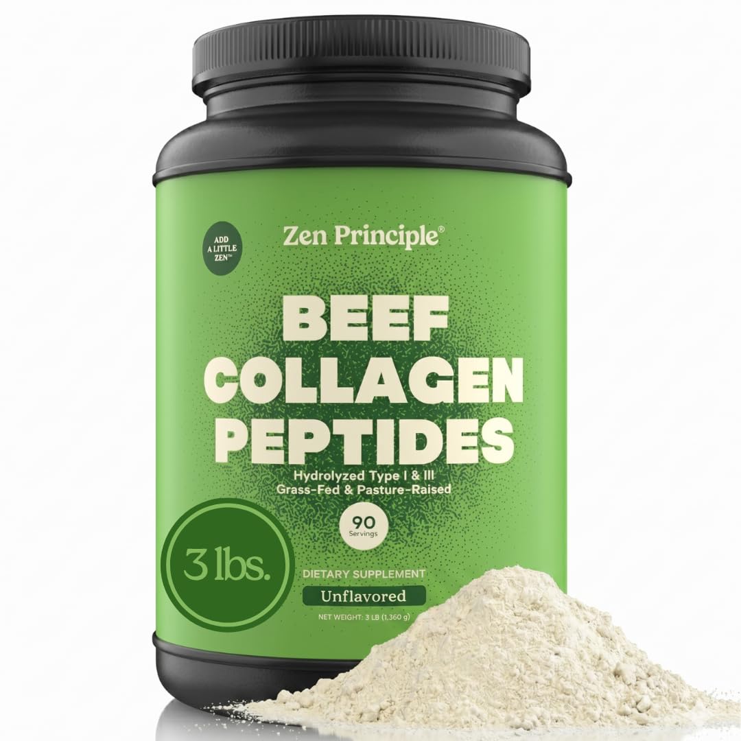 Zen Principle Grass-Fed Agglomerated Hydrolyzed Collagen Peptides 3 lb. Anti-Aging Protein for Healthy Hair, Skin & Joints. Paleo Friendly, GMO and Gluten Free, Pasture-Raised Bovine.