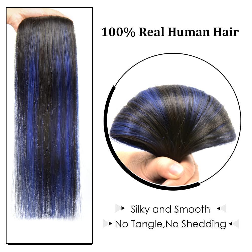 20" Clip in Hair Extensions Remy Human Hair Blue Balayage for Women - Silky Straight 100% Real Human Hair 75rams 4pieces #(1B/Blue) T1B Color