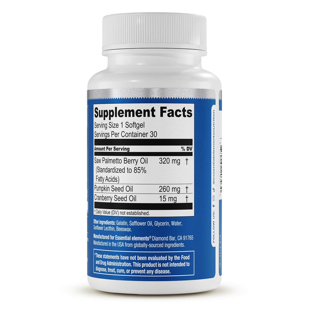 Essential Elements Saw Palmetto Plus - Promotes Bladder & Urinary Health - Prostate Support Supplement for Men with Pumpkin & Cranberry Seed Oil - 30 Count - 30 Servings