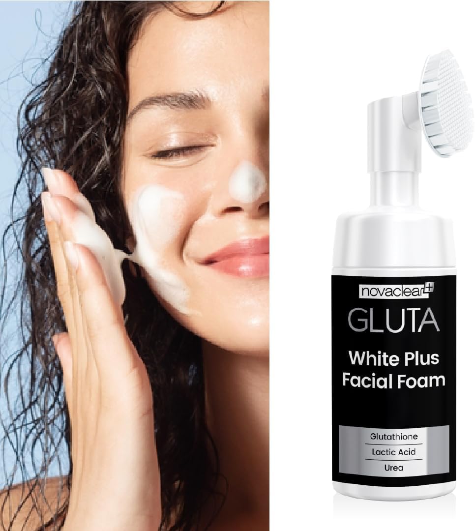 Novaclear Gluta White Plus Facial Foam with Silicone Brush - Deeply Cleanses, Exfoliates, Reduces Dark Spots and Evens Skin Tone for a Healthy Glow 100 ml