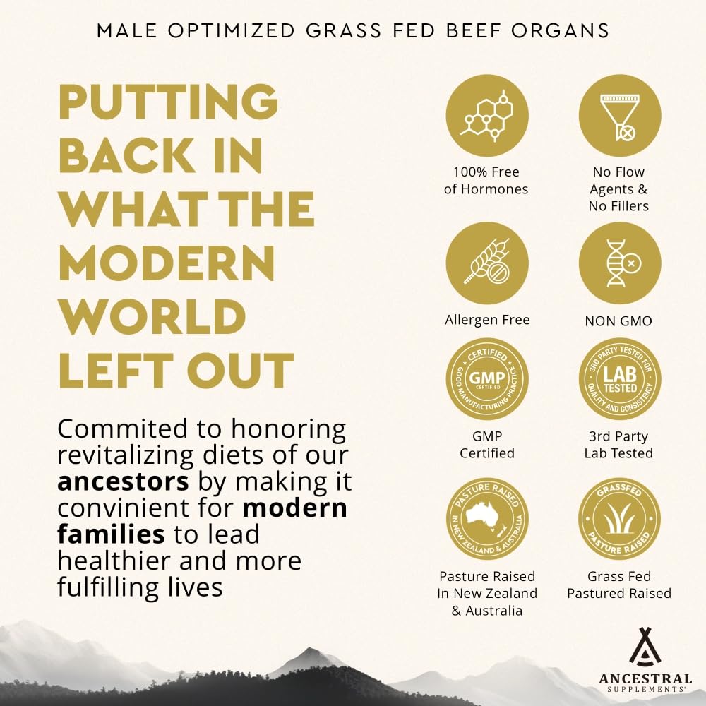 Ancestral Supplements Mofo, Supplements for Men, Support for Energy Levels and Overall Men's Health and Wellness, Non-GMO Grass Fed Beef Organ Supplement with Liver, No Fillers, 180 Capsules