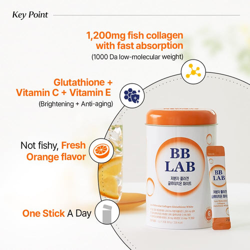 BB LAB Collagen Glutathione White, Low Molecular Korean Stick Supplement, Fish Peptides, Vitamin C, Vitamin E, Glutathione, Fast abosorption, Orange Flavor