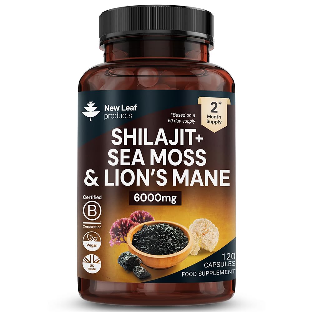 Shilajit Seamoss and Lions Mane Capsules 6000mg - High Strength Complex - 60% Fulvic Acid Shilajit, Irish Sea Moss, Lions Mane 100% Fruiting Body - Vegan, UK Made 120 Capsules