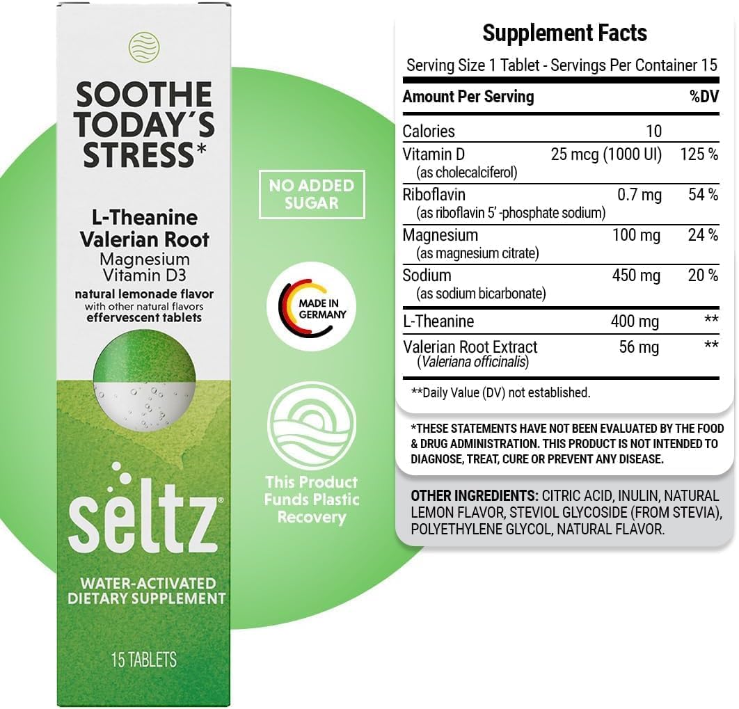 Seltz Stress Support Drink Tablets, Effervescent L-Theanine with Magnesium