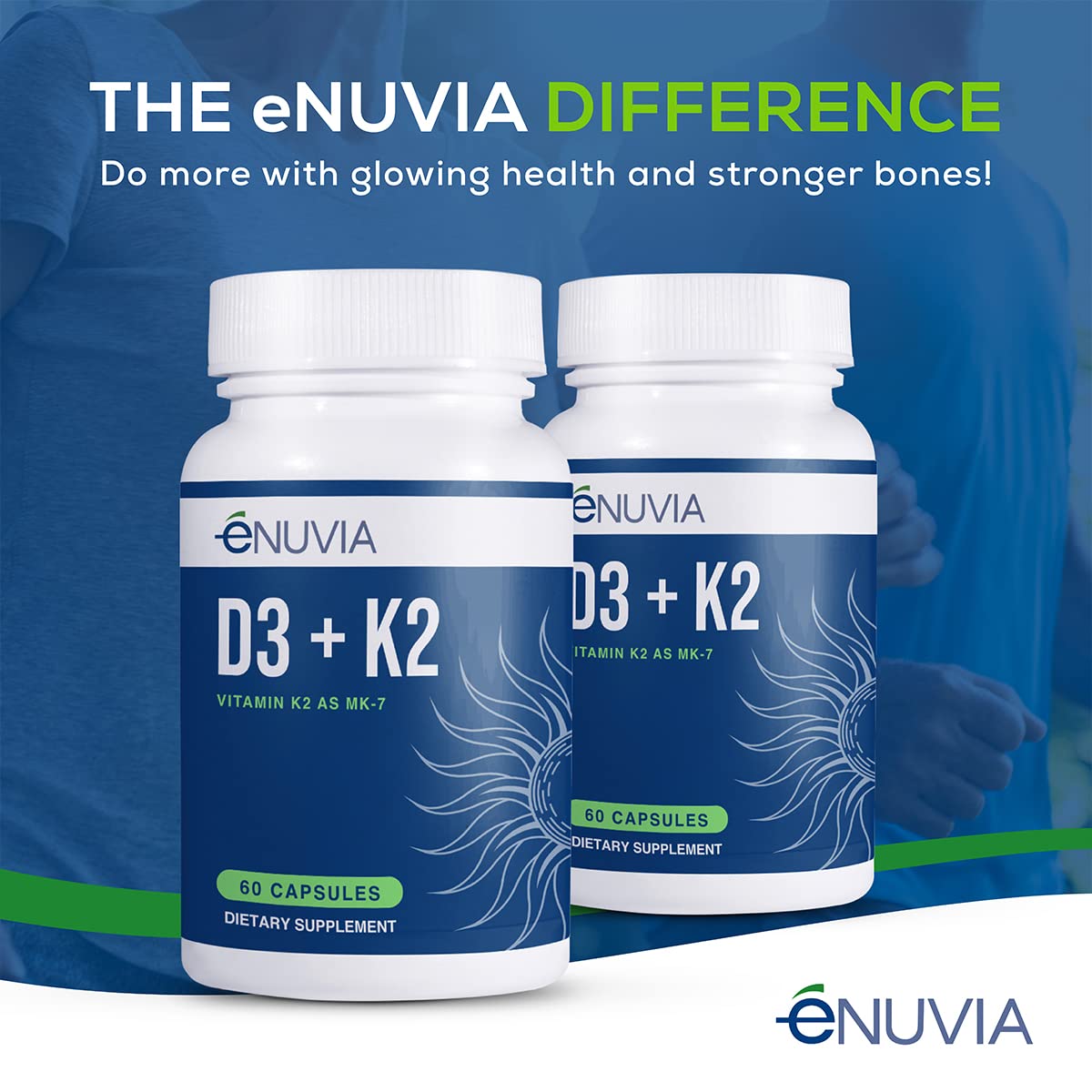 Enuvia D3+K2 - Vitamin D3 K2 Supplement for Women and Men - 60 Veggie Capsules - with Bioperine Black Pepper Extract - Supports Maximum Calcium Absorption and Heart and Bone Health - Made in The USA