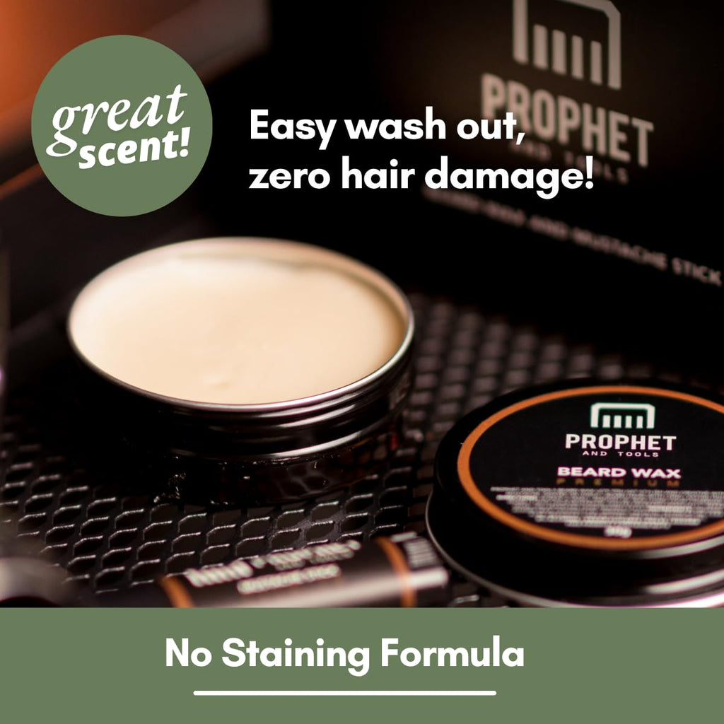 Prophet and Tools Extra Strong Hold Beard & Hair Wax - 24hr Long-Lasting Hold, Shapes & Styles with Ease, Washes Out Easily - Includes Moustache Styling Stick