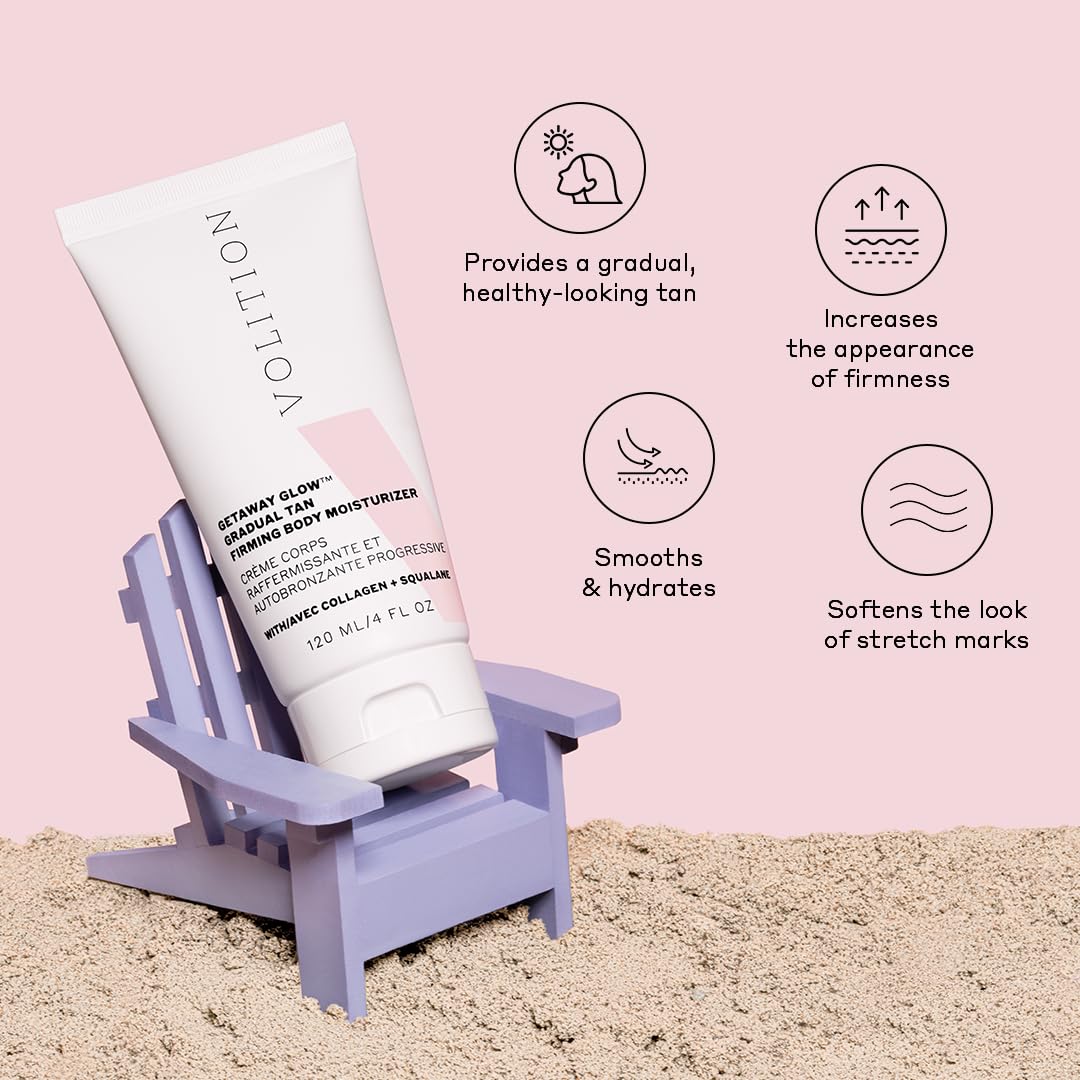 Volition Beauty Getaway Glow Gradual Tan Firming Body Moisturizer with Vegan Collagen + Squalane | Skin Smoothing Cream, Stretchmark Treatment & Sunless Tanning Lotion | Quick Drying Formula