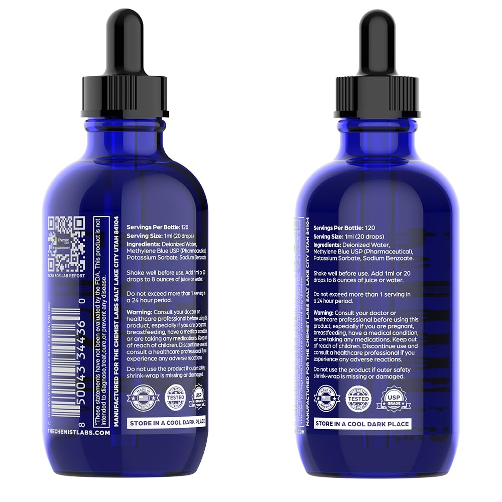 Chemist Labs Methylene Blue – 1% Solution | 99.99% USP-Grade Liquid Drops –Mitochondrial & Cellular Support – 4oz (120ml) – Formaldehyde-Free – Made in USA