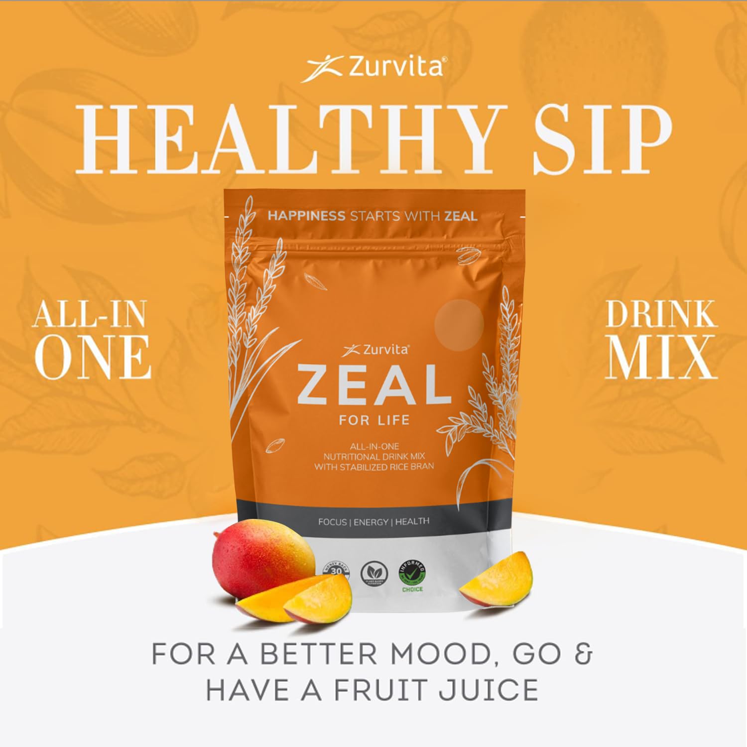 Zurvita - Zeal for Life Wellness Drink Mix - Classic Mango Flavor - Gluten-Free, Vegan, with Biotin, Vitamins and Minerals for Health - 10 Packets