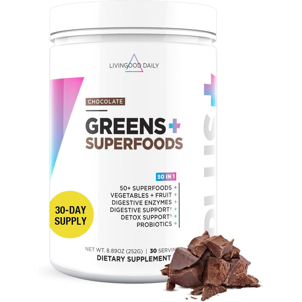 Livingood Daily Mixed Greens Powder, Chocolate, 30 Servings 8.78 Oz - 50in1 Green Juice Powder with Spirulina, Chlorella, Digestive Enzymes, Probiotics for Digestive Support, Gut Health - Made in USA