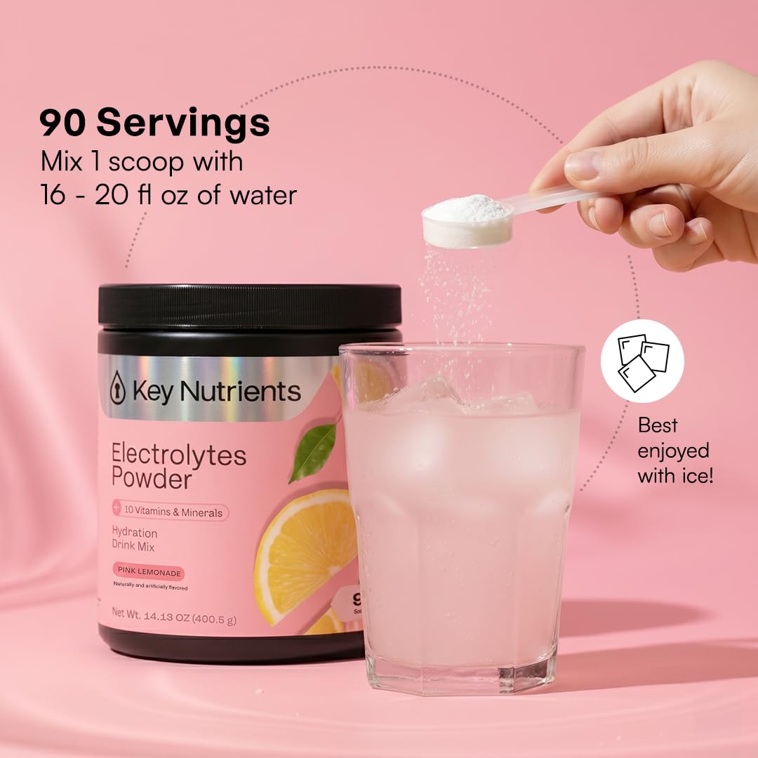 KEY NUTRIENTS Selenium Multivitamin Electrolytes Powder No Sugar - Fresh Pink Lemonade Electrolyte Powder - Endurance & Energy Supplement - Hydration Powder - No Calories - 90 Servings - Made in USA