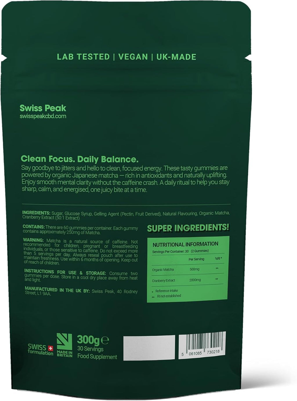 Swiss Peak Matcha Gummies, Organic Japanese Matcha from Uji, Kyoto, Clean Energy, Focus, and Antioxidant Cranberry Extract, Vegan Mixed Berry, 60 Gummies, Ceremonial, UK Made, Gelatin-Free