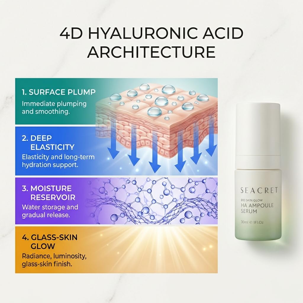 SEACRET Bio Skin Glow 4D Hyaluronic Acid Serum for Face - Glass Skin Hydrating Ampoule with Peptides & Fermented Dead Sea Minerals, Non-Sticky, Fast-Absorbing, 1 Fl Oz / 30 ml