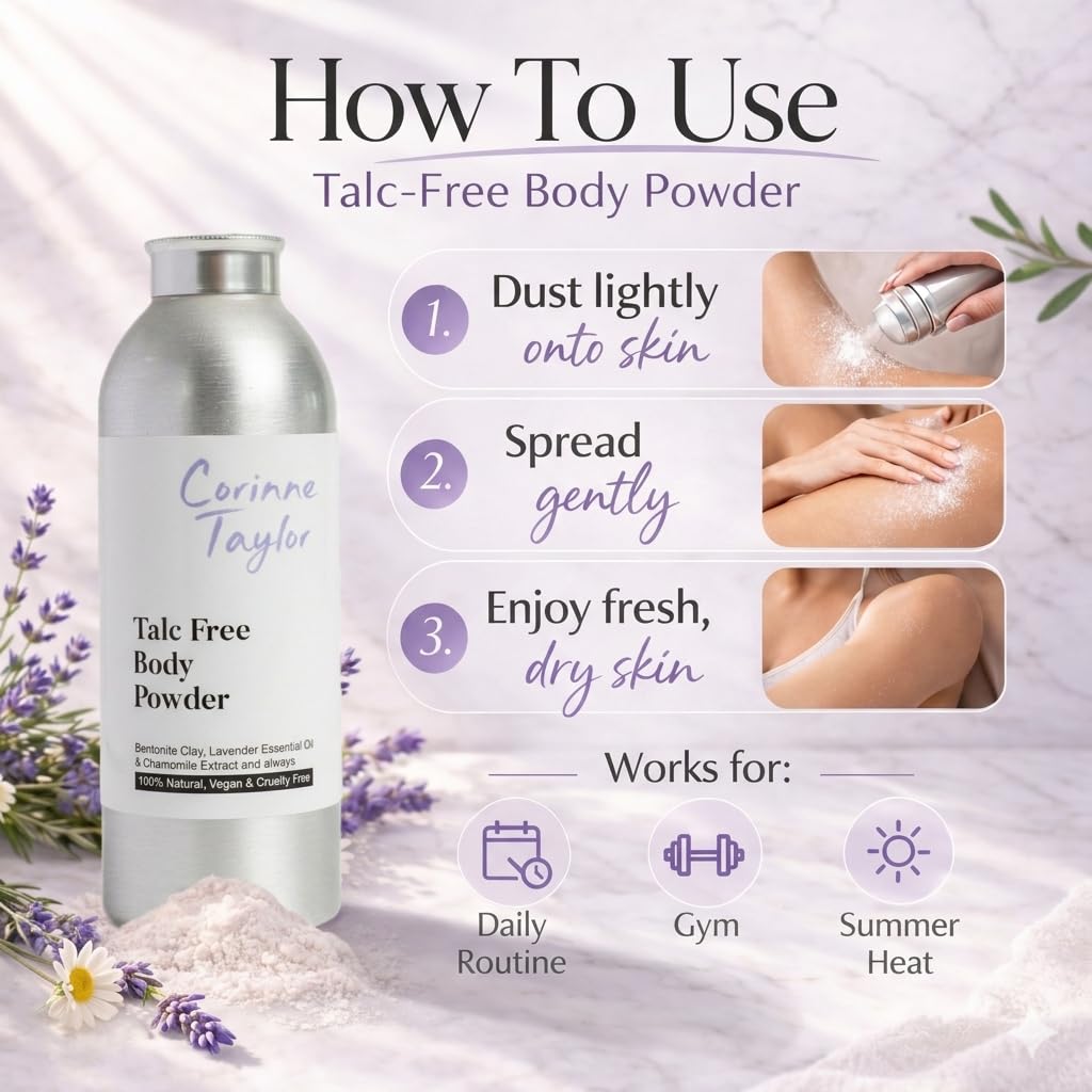 Corinne Taylor Organic Talc-Free Body Powder with Lavender & Chamomile – Natural Dusting Powder for Anti-Sweat, Anti-Chafing & Sensitive Skin – Gentle Absorbent Powder 85g