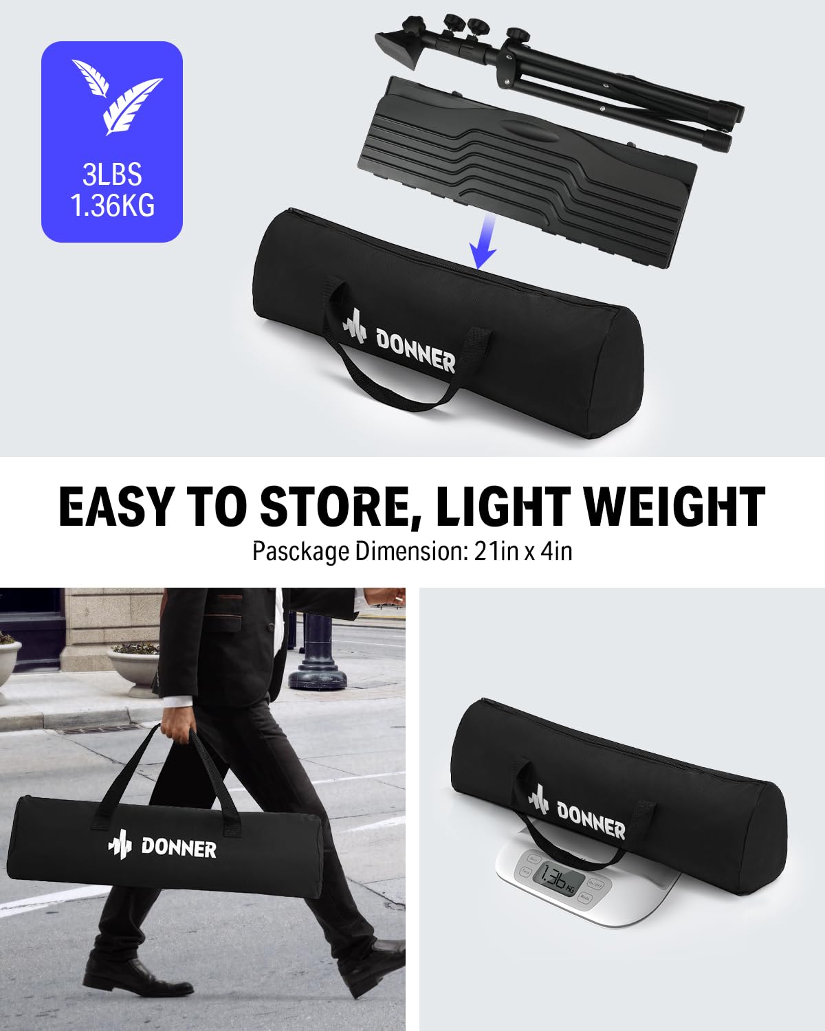 Donner Sheet Music Stand with Light Foldable Travel Metal Stand Adjustable DMS-1 with Carrying Bag, and Clip Holder, Portable Projector Stand, Laptop Stand, Music Folder