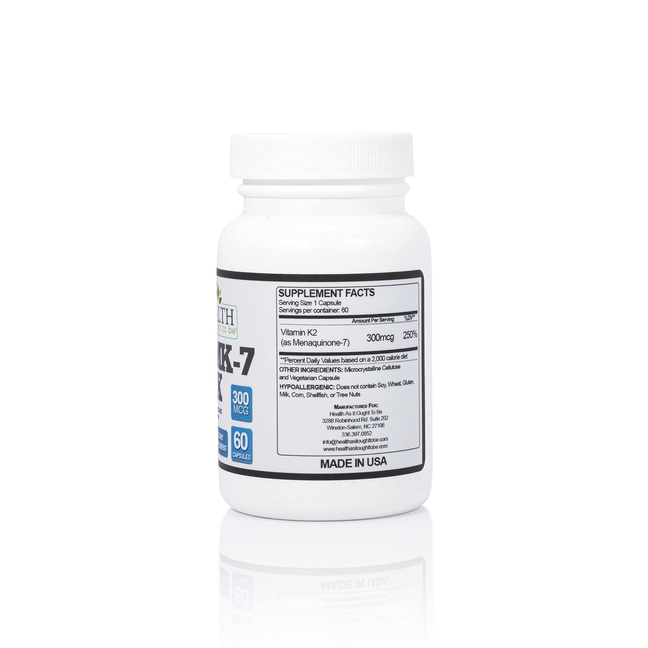 Health As It Ought To Be Vitamin K2 MK-7 Max 300 mcg Supplement – Extra Strength, Soy-Free Formula for Bone and Cardiovascular Health Support – 60 Capsules